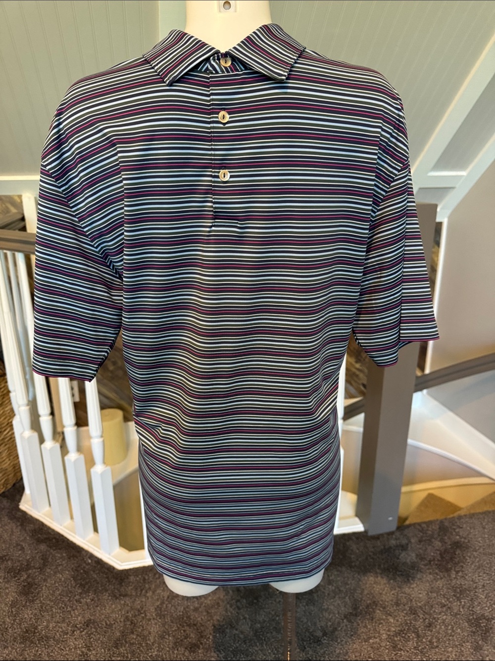 Peter Millar Striped Polo in Navy, Green, White, and Purple